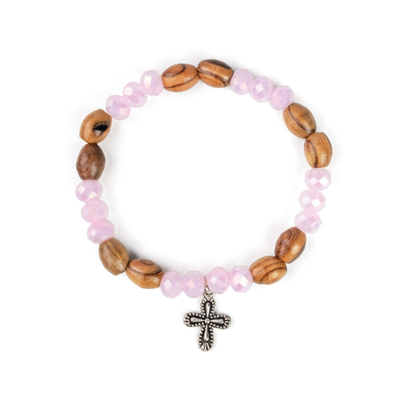 Stretch Bracelet with Grouped Olive Wood and Pink Beads and Cross Dangle