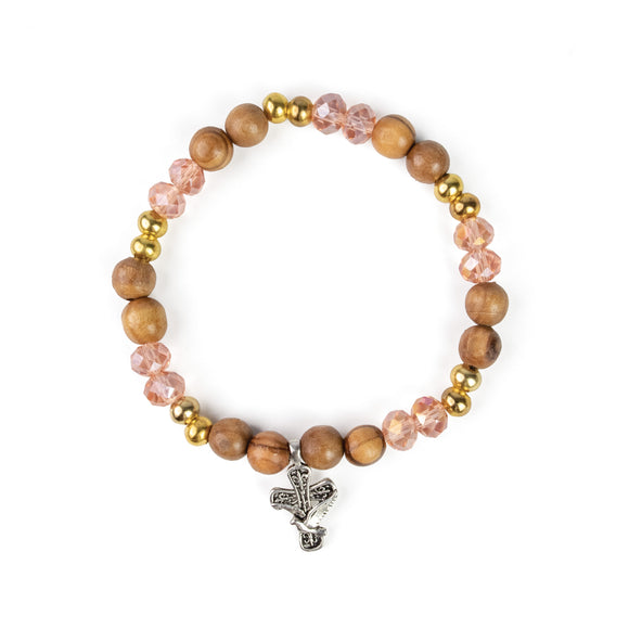 Stretch Bracelet with Grouped Olive Wood, Gold, and Pink Beads and Cross with Dove Dangle
