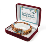 Helix Stretch Wrap Bracelet with Olive Wood and Aqua Beads and Cross Dangle in Velvet Box