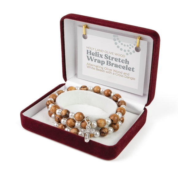 Helix Stretch Wrap Bracelet with Alternating Olive Wood and White Beads and Cross Dangle in Velvet Box