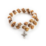Helix Stretch Wrap Bracelet with Alternating Olive Wood and White Beads and Cross Dangle in Velvet Box