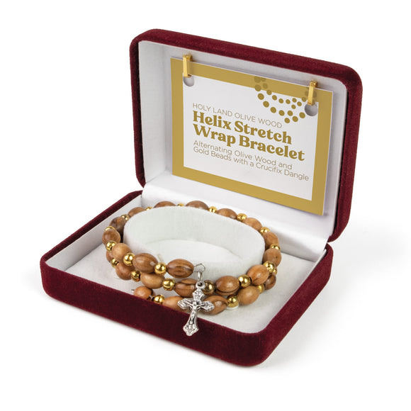 Helix Stretch Wrap Bracelet with Alternating Olive Wood and Gold Beads and Crucifix Dangle in Velvet Box