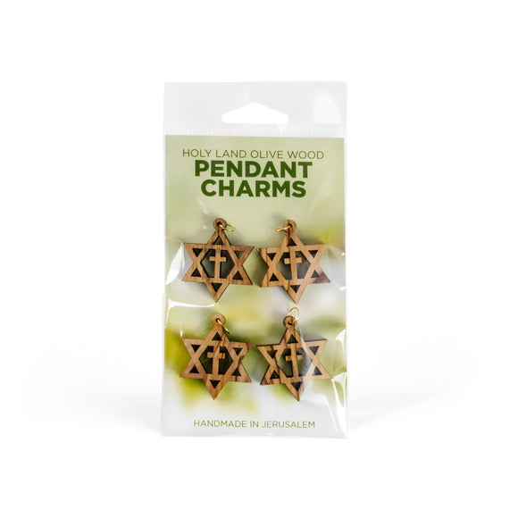 4 Pack of Olive Wood Pendant Charms, Star of David with Cross with ring