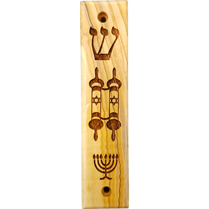 Shema, Torah Scroll, Menorah Olive Wood Mezuzah