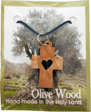 Olive Wood Cross Necklace with Heart Cutout packaging