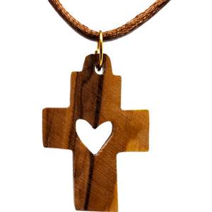 Olive Wood Cross Necklace with Heart Cutout