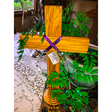 20" Olive Wood Standing Cross with description tag an ribbon