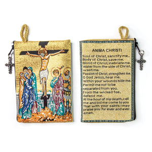 Woven Tapestry Rosary Pouch, Jewelry & Coin Purse - Crucifixion and Anima Christi, Soul of Christ Prayer