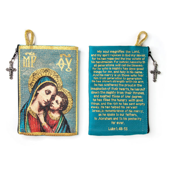 Woven Tapestry Rosary Pouch, Jewelry & Coin Purse - Madonna and Child and Mary's Song of Praise