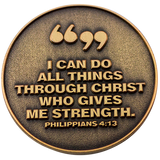 Back: Quotation marks, with text, "I can do all things through Christ who gives me strength. Philippians 4:13"