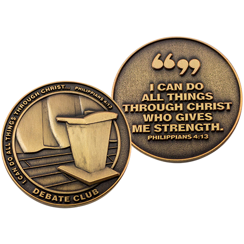 Front and back of Debate Club Christian Antique Gold Plated School Coin 