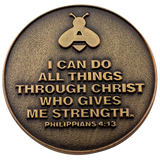 Back: Bee icon, with text, "I can do all things through Christ who gives me strength. Philippians 4:13"