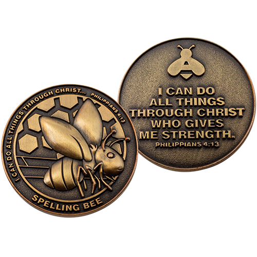 Front and back of  Spelling Bee Christian Antique Gold Plated School Coin 