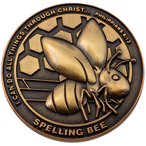 Front: Bee on stage, with text, "I can do all things through Christ... Philippians 4:13" / "Spelling Bee"