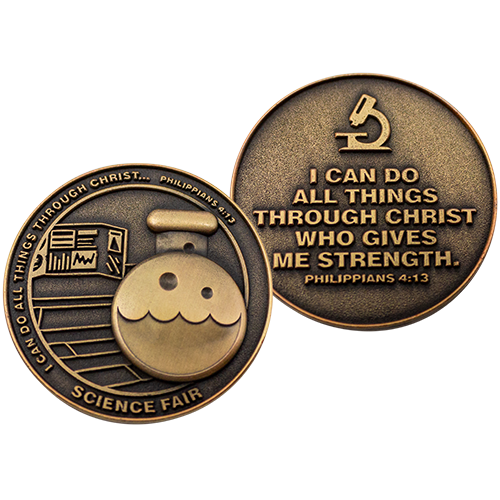 Front and back of Science Fair Christian Antique Gold Plated School Coin