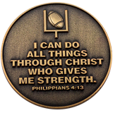 Back: Football within goal posts, with text, "I can do all things through Christ who gives me strength. Philippians 4:13"