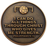 Back: Soccer ball in goal, with text, "I can do all things through Christ who gives me strength. Philippians 4:13"