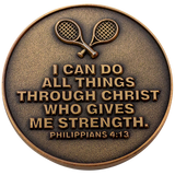 Back: Tennis Rackets, with text, "I can do all things through Christ who gives me strength. Philippians 4:13"