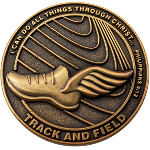 Front: Winged running shoe on track, with text, "I can do all things through Christ... Philippians 4:13" / "Track and field"