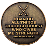 Back: Golf clubs, with text, "I can do all things through Christ who gives me strength. Philippians 4:13"