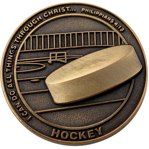 Front: Hockey puck in rink, with text, "I can do all things through Christ... Philippians 4:13" / "Hockey"