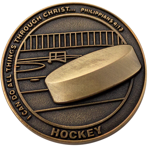 Front: Hockey puck in rink, with text, 