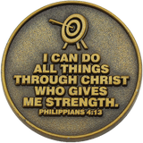 back of Christian archery challenge coin
