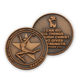 front and back of Christian dancing challenge coin