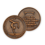 front and back of Christian gymnastics challenge coin