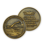 front and back of Christian swimming challenge coin