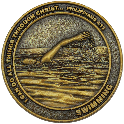 front of Christian swimming challenge coin