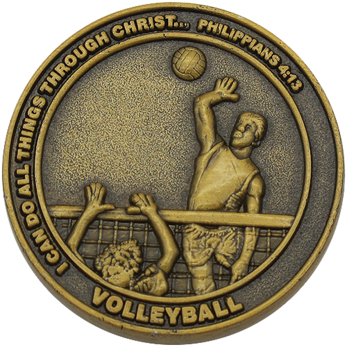front of Christian volleyball challenge coin