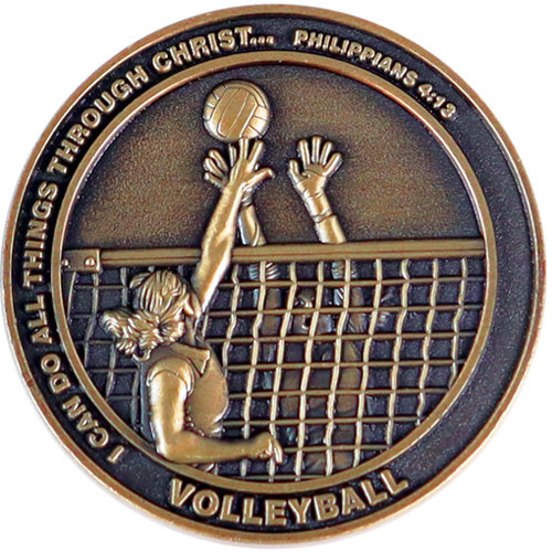 Girl's Volleyball, Antique Gold Plated Challenge Coin, Philippians 4:13