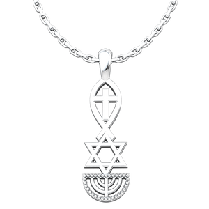 Messianic, Jesus Fish, Star of David, & Menorah, Sterling Silver Pendant Necklace for Men and Women