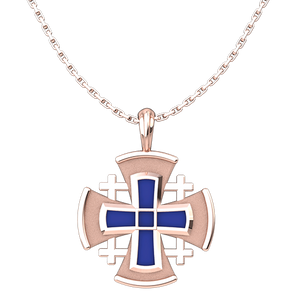 Rose Gold Plated Jerusalem Cross with Blue Enamel Pendant with 18" Sterling Silver Chain