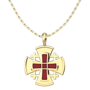 Gold Plated Sterling Silver Jerusalem Cross with Red Enamel Pendant with 18" Sterling Silver Chain