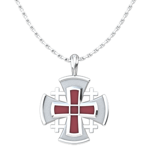 Jerusalem Cross with Red Enamel Pendant with 18" Sterling Silver Chain