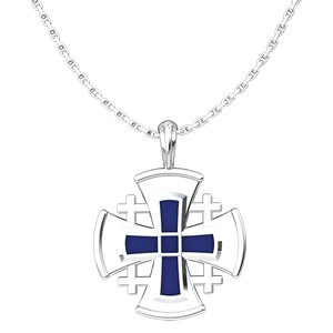 Jerusalem Cross with Blue Enamel  Sterling Silver Pendant 