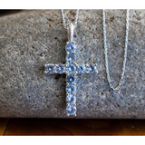March Aquamarine Antique Birthstone Cross Sterling Silver Pendant - With 18" Sterling Silver Chain on a stone