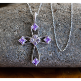 June Alexandrite Antique Birthstone Cross Pendant - With 18" Sterling Silver Chain on a stone