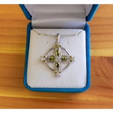 August Peridot Antique Birthstone Cross Pendant - With 18" Sterling Silver Chain in a velvet box