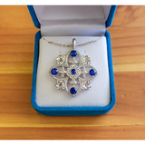 Antique Blue Sapphire September Birthstone Sterling Silver Cross Pendant - With 18" Sterling Silver Chain in velvet box