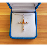 November Citrine Antique Birthstone Cross Pendant - With 18" Sterling Silver Chain in a blue velvet box