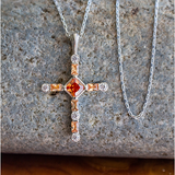 November Citrine Antique Birthstone Cross Pendant - With 18" Sterling Silver Chain on a stone