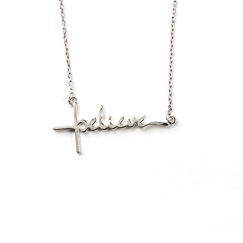 Believe Cross Necklace - Horizontal, Words of Life Sterling Silver Pendant Necklace