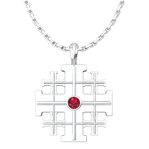 Jerusalem Cross with CZ Ruby, Sterling Silver Pendant - 18 Inch Chain