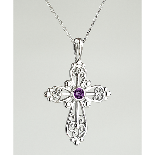 Sterling Silver Filigree Birthstone Cross Necklace - February