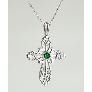 Sterling Silver Filigree Birthstone Cross Necklace - May