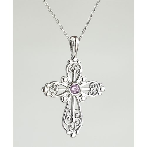 Sterling Silver Filigree Birthstone Cross Necklace - June