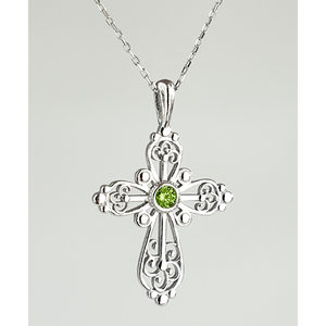 Sterling Silver Filigree Birthstone Cross Necklace - August
